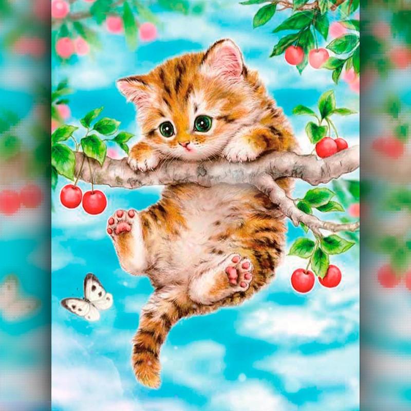 Алмазная вышивка The Wortex Diamonds Котик на ветке 30x40 см TWD50001