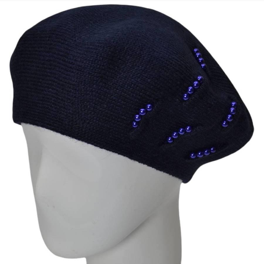 Берет женский Lirus Вишня из шерсти двойной с бусинами Синий