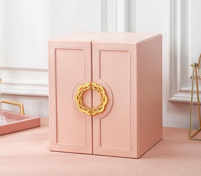 Шкатулка-шкаф для украшений из экокожи с ящичками и дверцами Пудровый (ШДД-35-2)