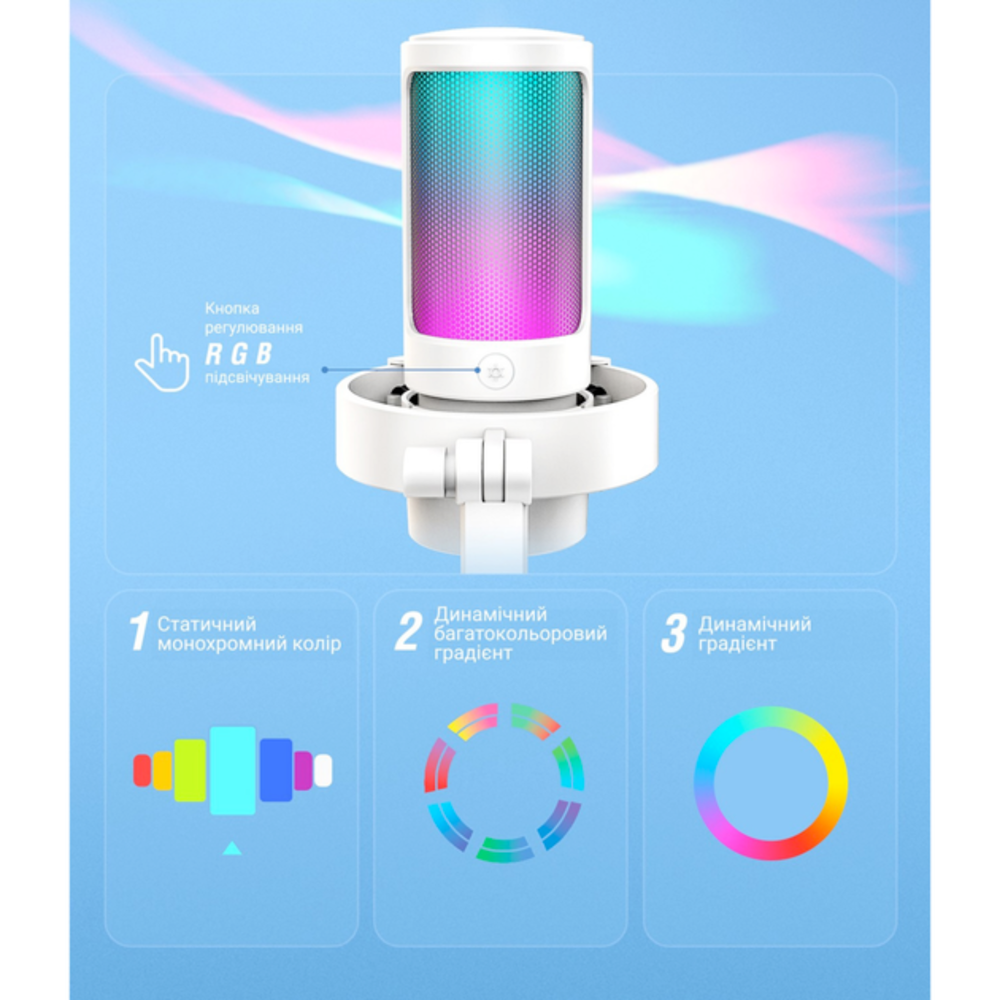 Микрофон игровой Fifine A8 с RGB конденсаторной подсветкой White (25860695) - фото 4 Микрофон игровой Fifine A8 с RGB конденсаторной подсветкой White (25860695) - фото 4