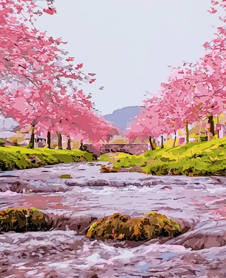 Картина по номерам Strateg Премиум Сакура у воды с лаком и уровнем 40x50 см (SY6659)