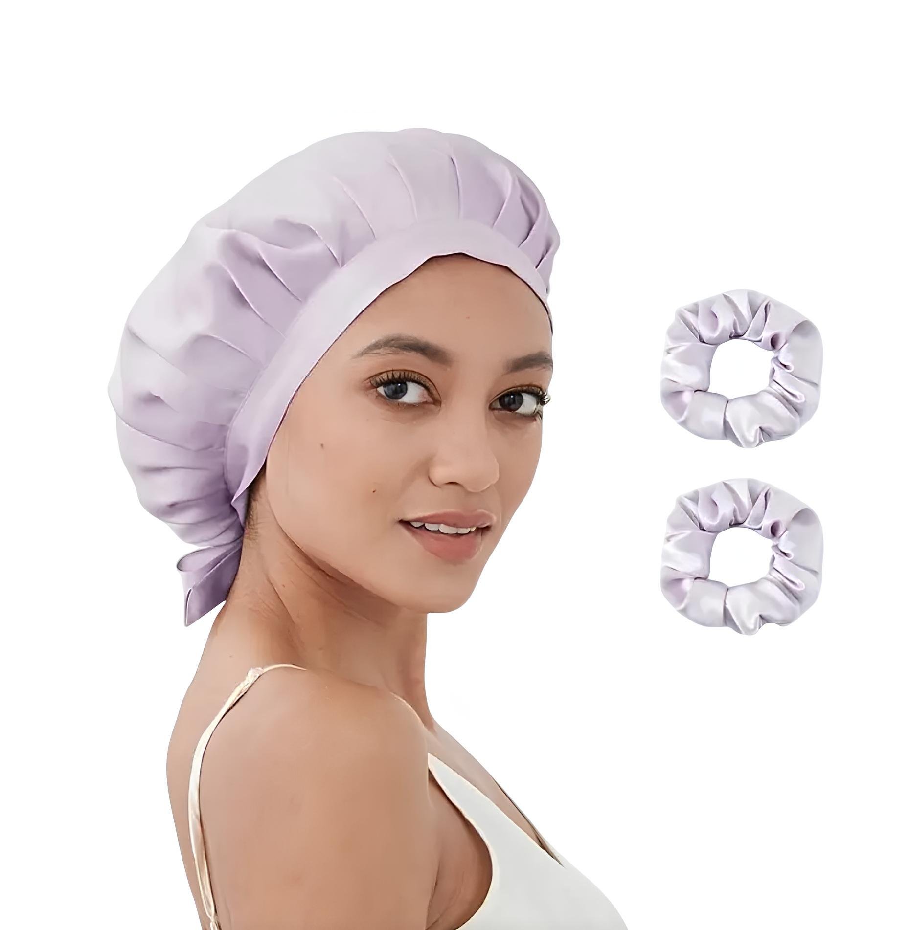 Шапочка для сна шелковая с мулберри и 2 большие шелковые резинки для волос Лавандовый
