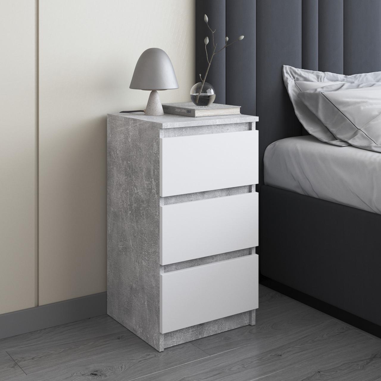 Тумба прикроватная VAYS с 3 ящиками и телескопическими направляющими 40х40х76 см Бетон/Белый (30654182)