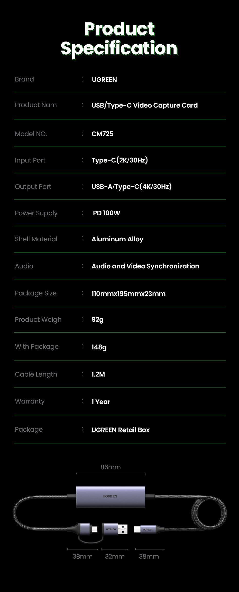 Карта видеозахвата USB Ugreen 1. USB-A USB-C 2 м Серый (25772) - фото 10