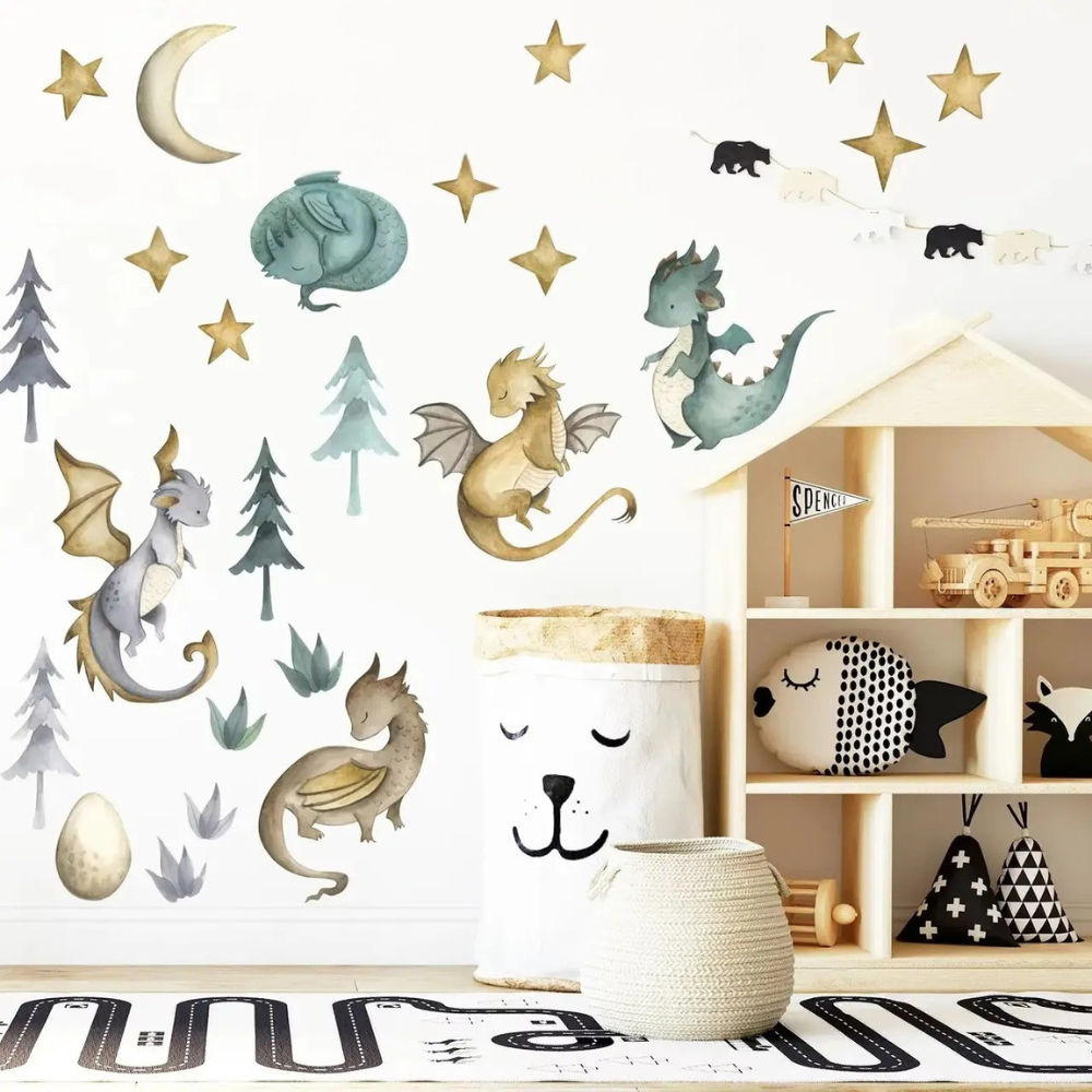 Наклейки виниловые Лесные драконы декоративные интерьерные в детскую комнату на стену 30х90 см