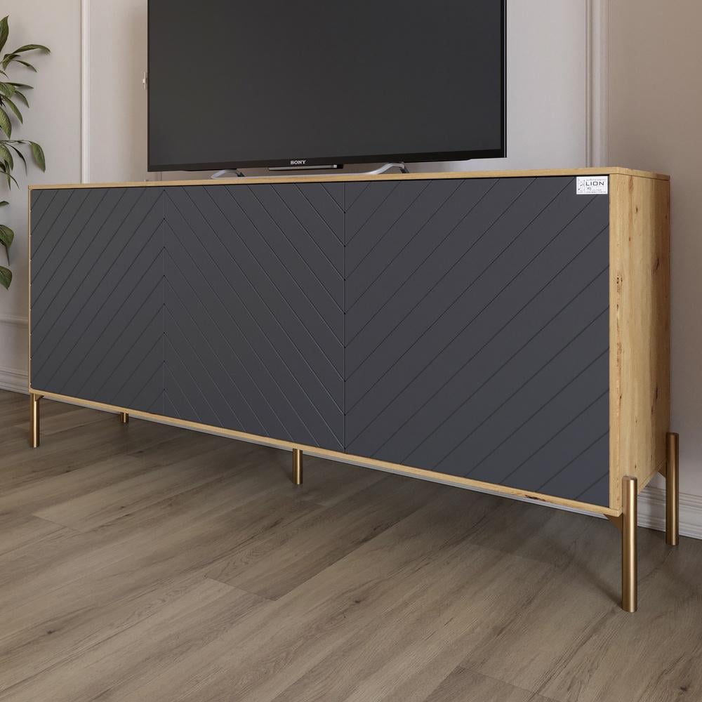 Тумба под телевизор Lion Амарант с золотыми металлическими ножками 168x40x76,5 см Дуб Артизан/Графитный (000-000-2432)