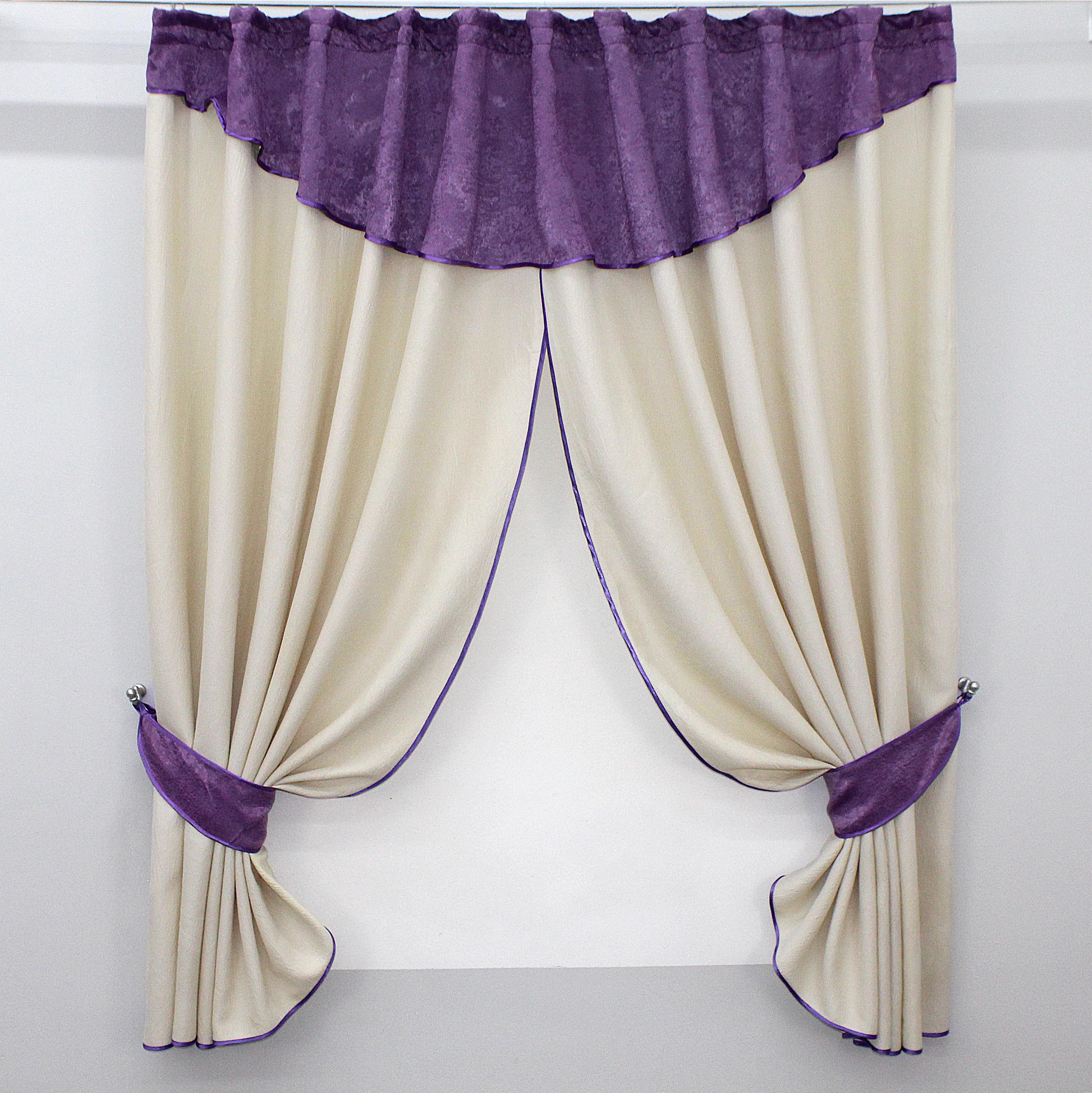 Штори кухонні VR-Textil №073к з ламбрекеном і підхватами 270х160 см Молочний/Фіолетовий (50-937)
