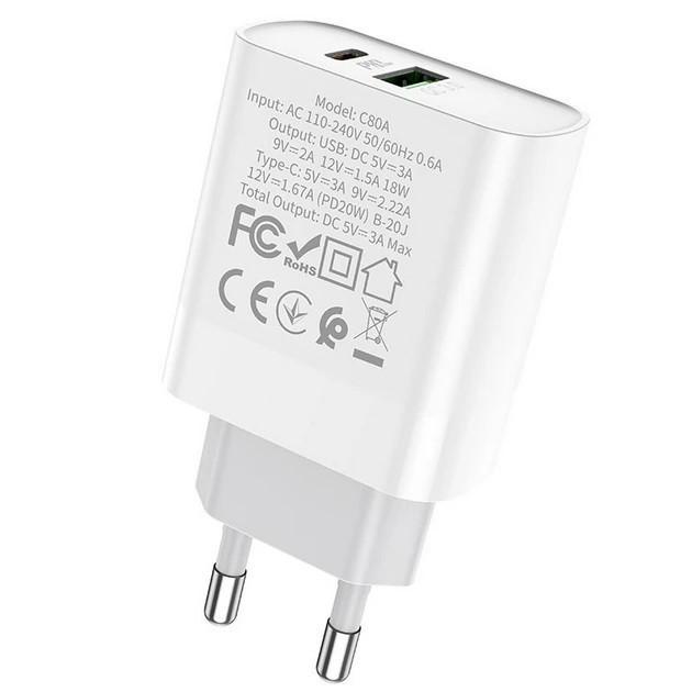 Пристрій мережевий зарядний Hoco C80A PD QC 3.0 20 W White