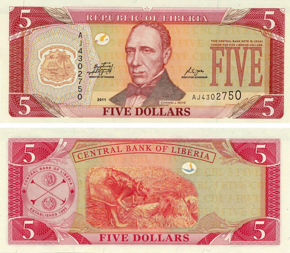 Коллекционная банкнота Либерия 5 долларов 2011 UNC P26f (Б15925)