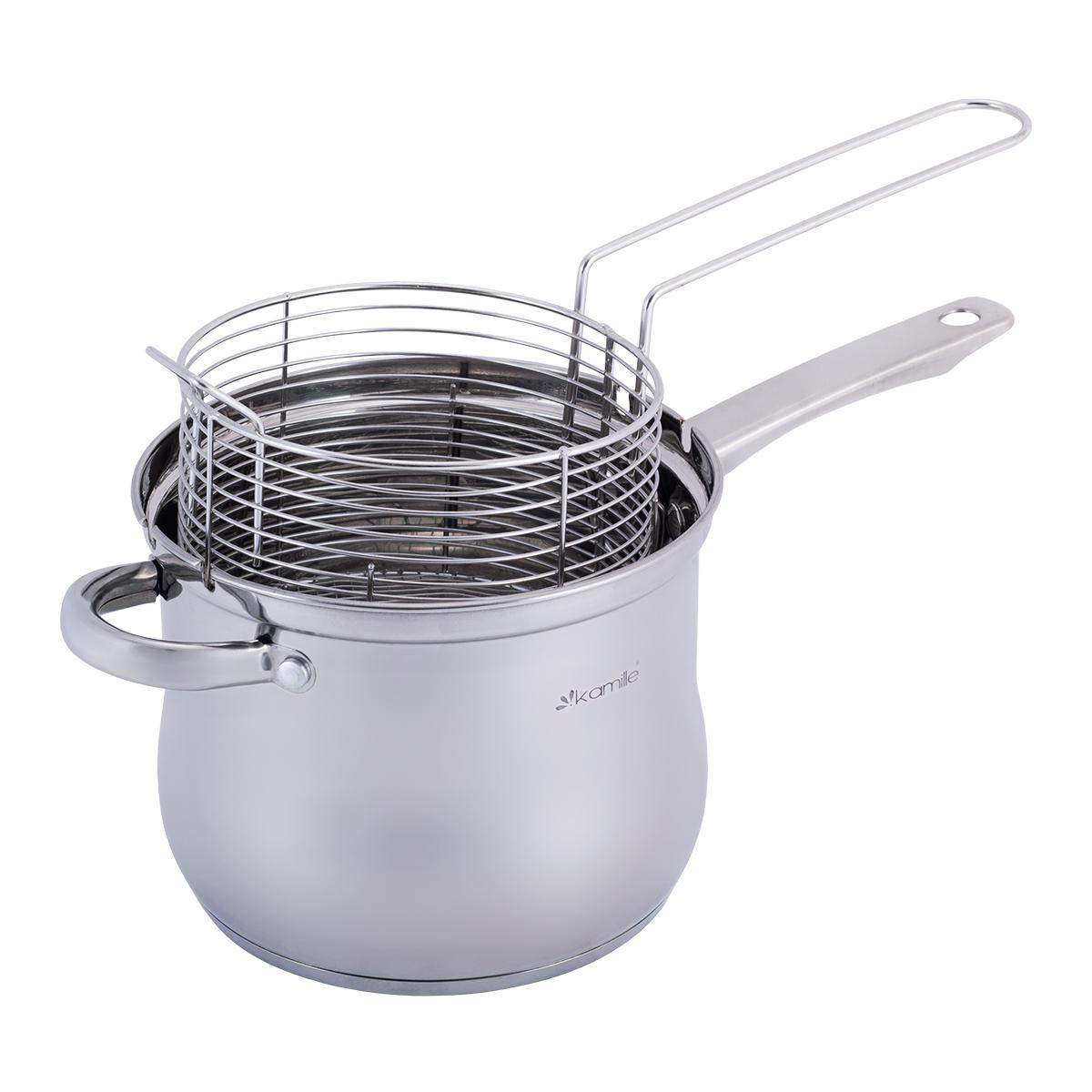 Кастрюля-фритюрница Kamille KM-5852 из нержавеющей стали со стеклянной крышкой и дуршлагом 3,5 л Стальной (124-84-5852) - фото 2 Кастрюля-фритюрница Kamille KM-5852 из нержавеющей стали со стеклянной крышкой и дуршлагом 3,5 л Стальной (124-84-5852) - фото 2
