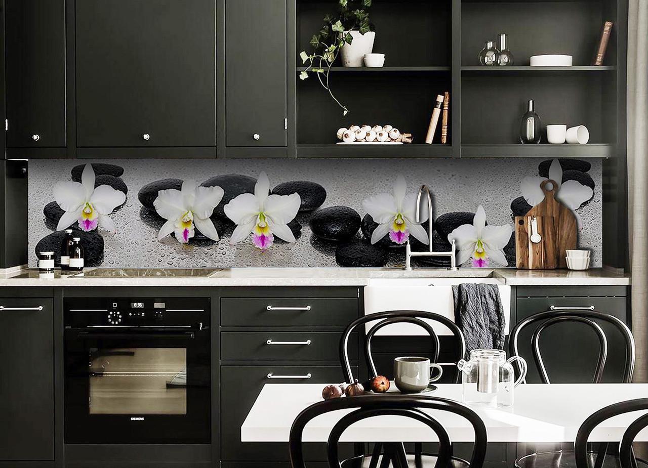 Кухонный фартук Дорожка из камней орхидеи из самоклеющейся виниловой пленки 60х250 см Серый