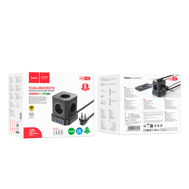 Aильтр cетевой Hoco NS8 5x220V 3хUSB 1хType-C PD20W 4000W 2 м удлинитель с кнопкой выключения быстрая зарядка Черный - фото 2 Aильтр cетевой Hoco NS8 5x220V 3хUSB 1хType-C PD20W 4000W 2 м удлинитель с кнопкой выключения быстрая зарядка Черный - фото 2