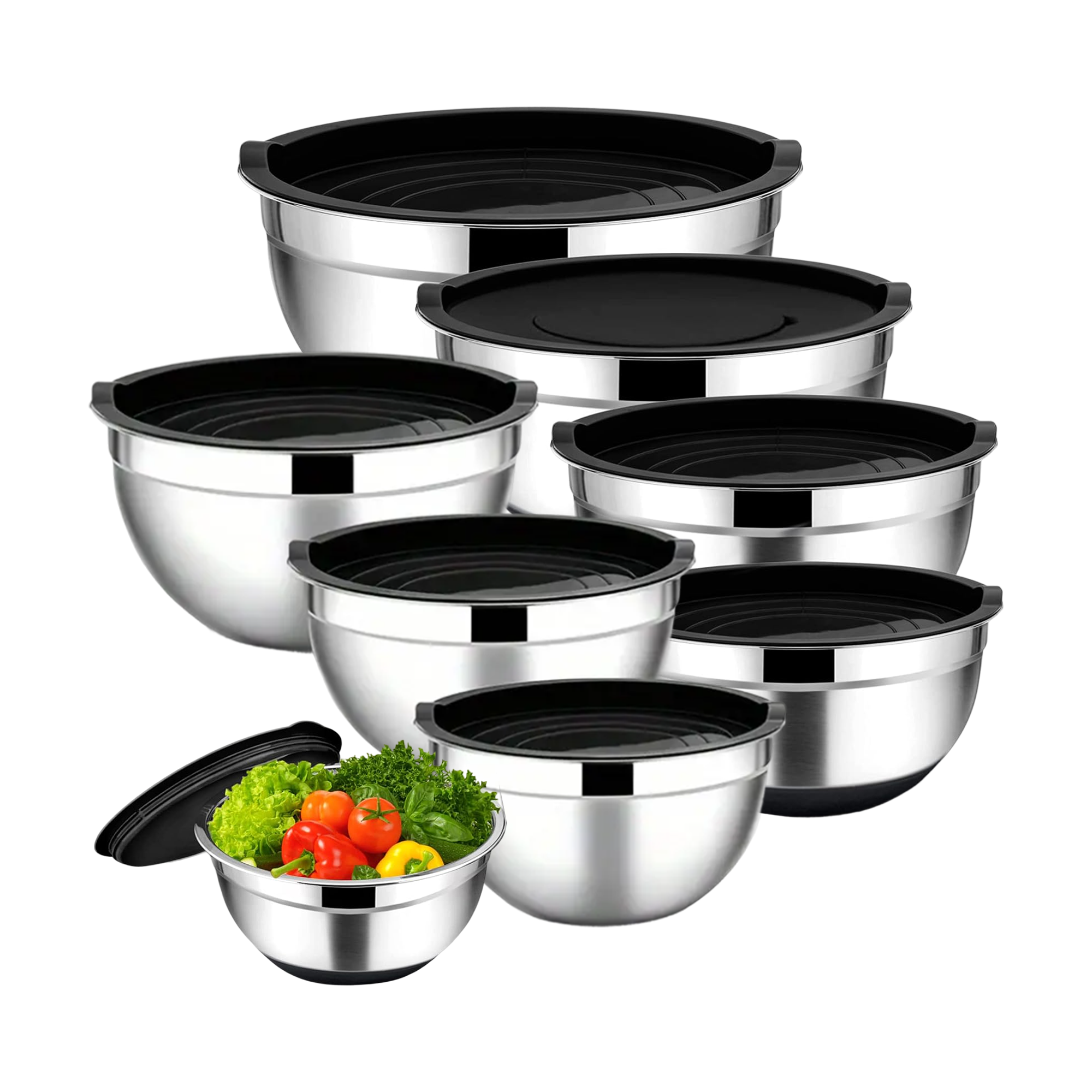Набор нержавеющих мисок Ari&Ana с силиконовым дном и крышками 30-16 см 8 шт. Черный