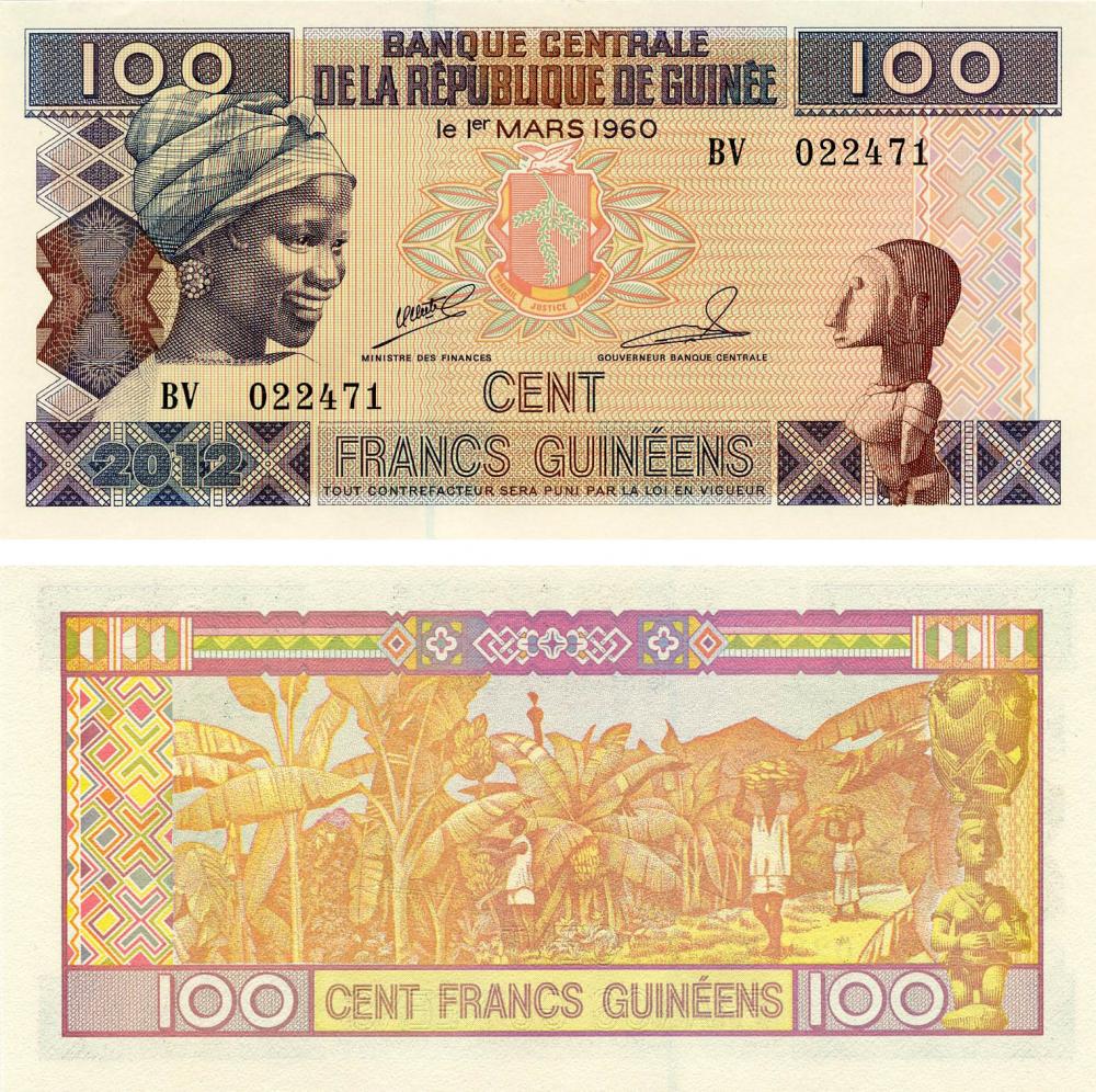 Коллекционная банкнота Гвинея 100 франков 2012 UNC P35b (Б03458)