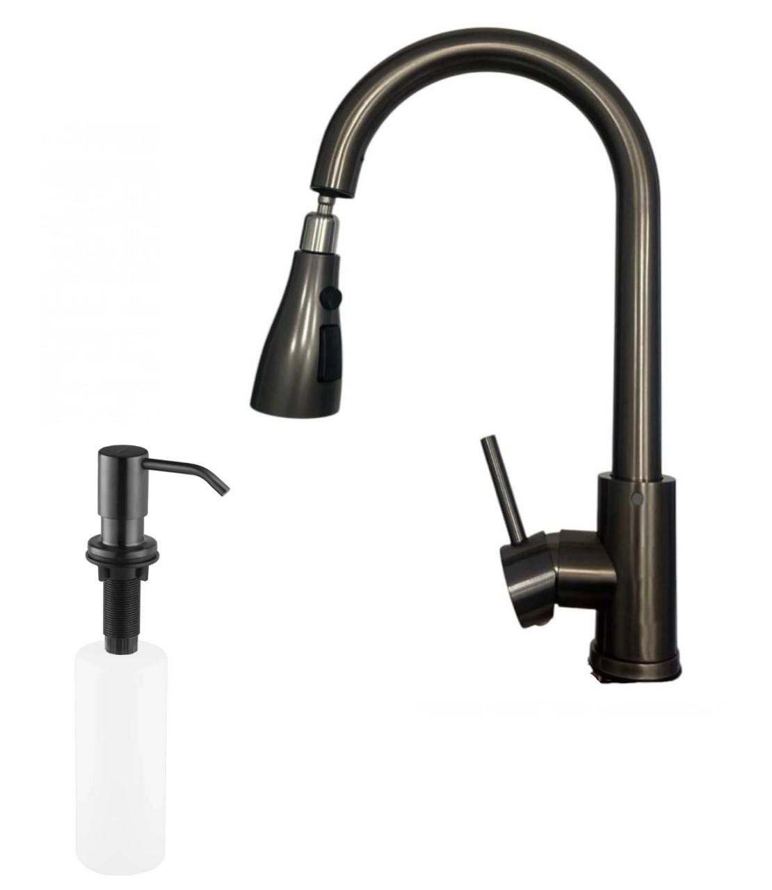 Змішувач для кухні Kraft 3011 PVD з витяжним виливом дворежимний/дозатор для рідкого мила Графітовий