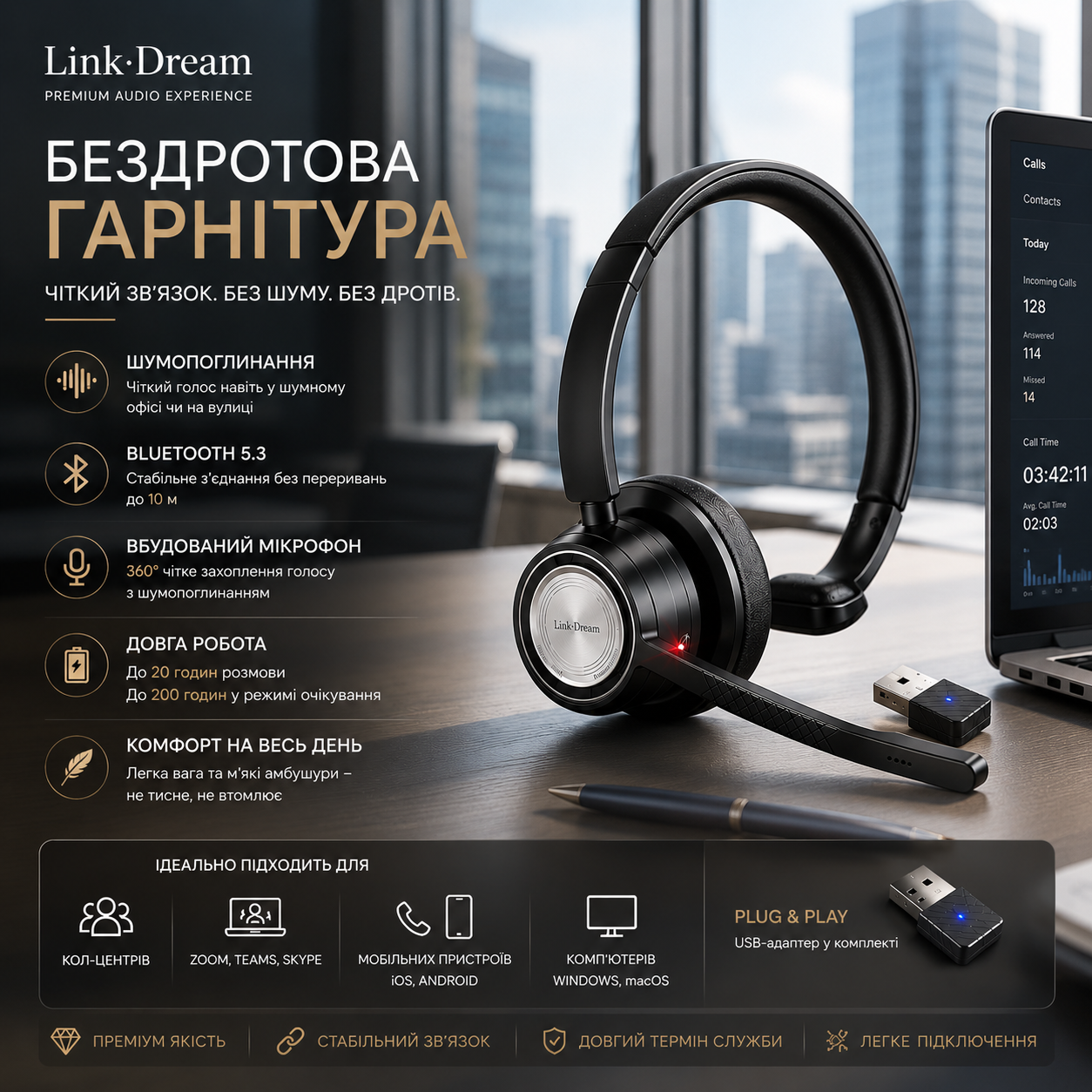 Навушники бездротові Link Dream BH60 з USB-адаптером з активним шумопоглинанням CVC 8.0 та мікрофоном (3062420750) Навушники бездротові Link Dream BH60 з USB-адаптером з активним шумопоглинанням CVC 8.0 та мікрофоном (3062420750)