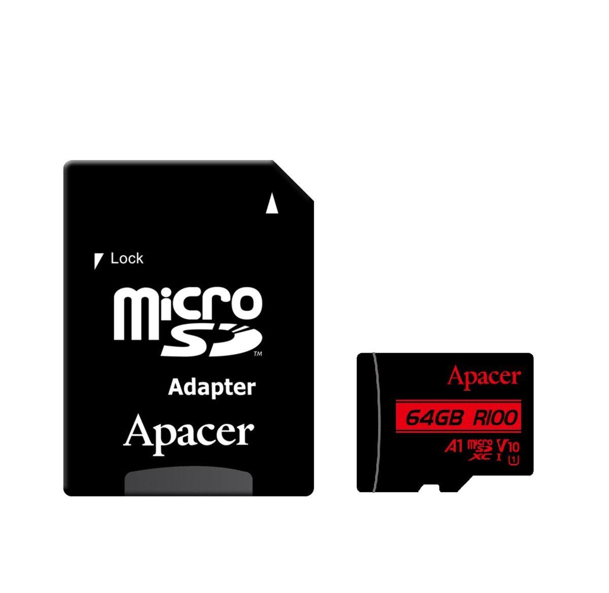 Карта памяти Apacer microSDXC UHS-1 64 Gb 10 V10 A1 R100 MB/s SD-адаптер AP64GMCSX10UB-R (606296) - фото 1