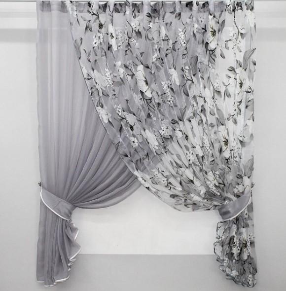 Шторки на кухню шифон/органза 330х170 см Сірий/Білий (060к)