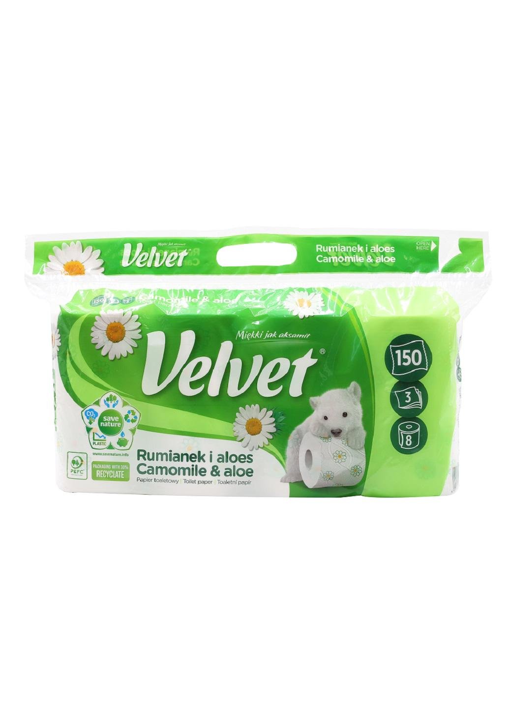 Туалетная бумага Velvet Camomile&Aloe трехслойная 150 отрывов 8 рулонов (НФ-00003275)