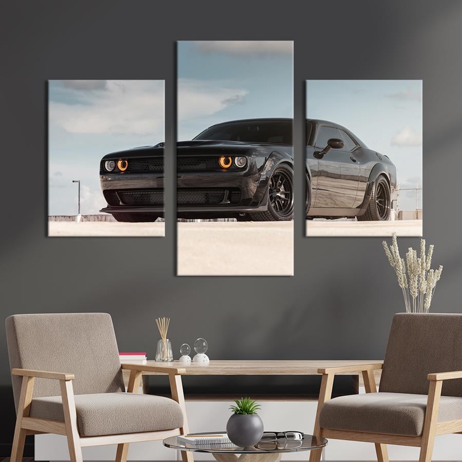 Картина на холсте триптих Демонический чёрный Dodge 96x60 см (1313-32)