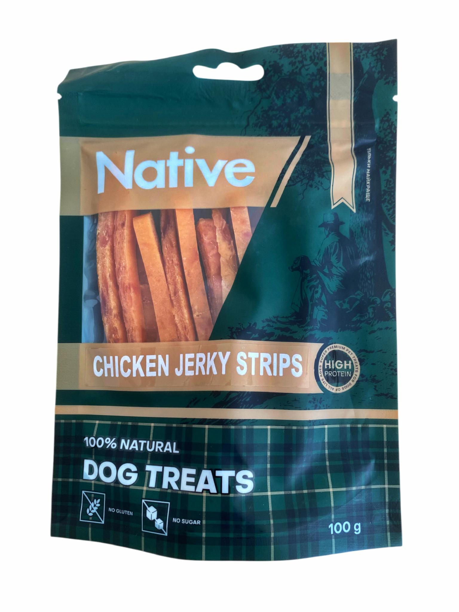 Ласощі для собак NATIVE Chicken Jerky Strips Курячі смужки 100 г (31011006n)