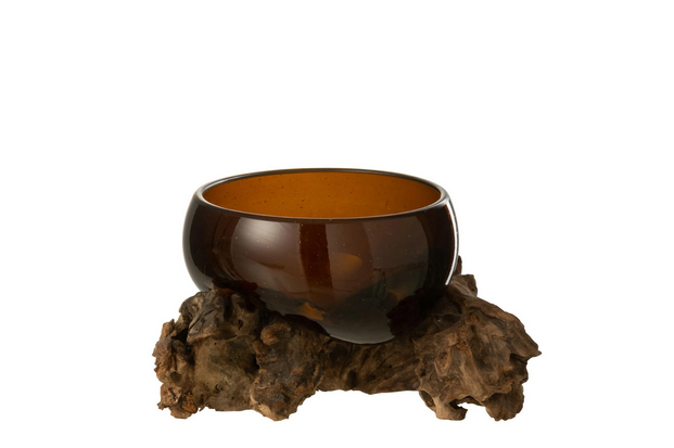 Ваза J-LINE скляна фігурна на дереві манго 9х14 см Коричневий