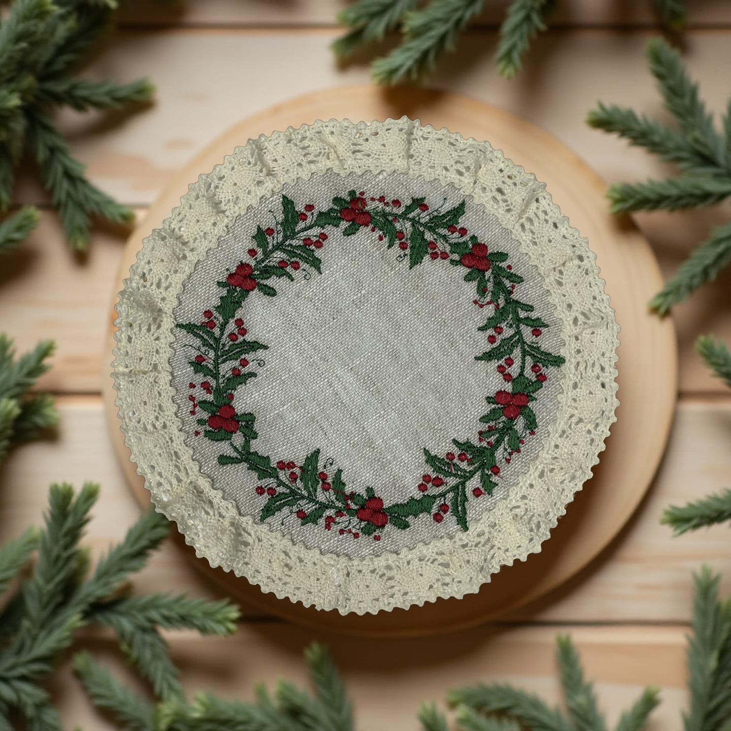 Салфетки тканевые льняные с вышивкой и кружевом 10х10 см 2 шт.