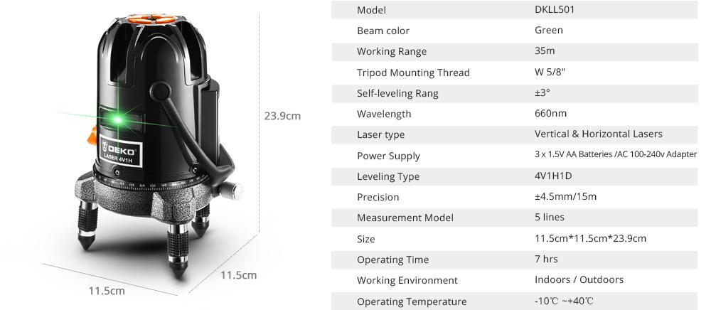Лазерный уровень DEKO DKLL501 4V1H 5 линий 6 точек Зеленые линии - фото 2