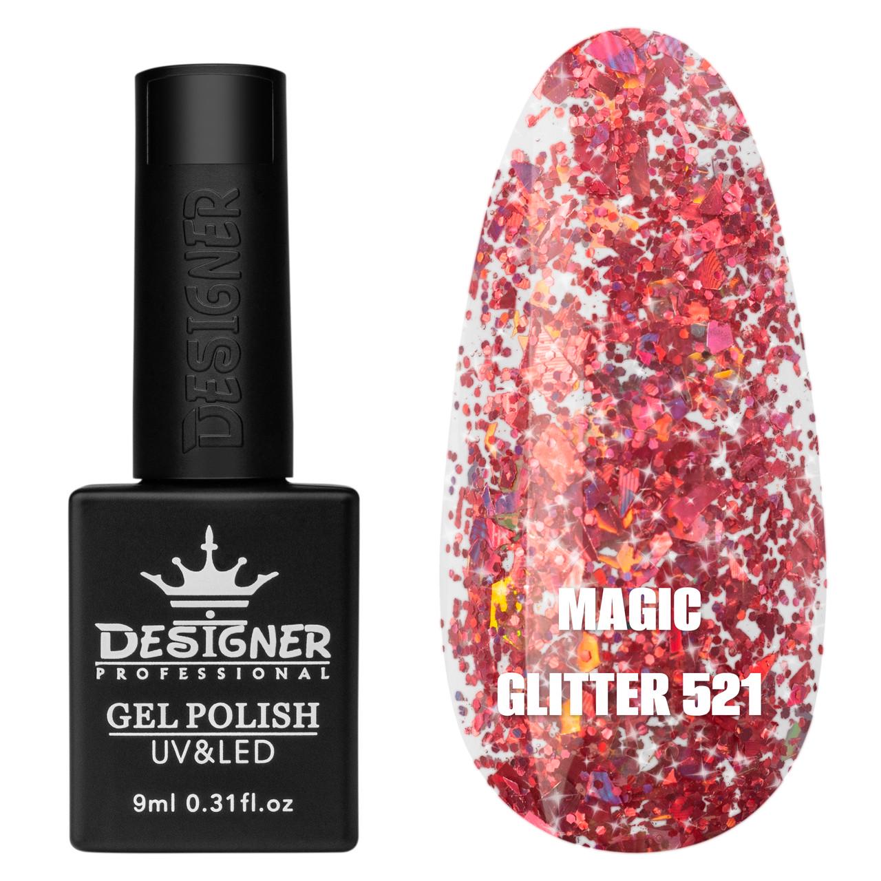 Гель-лак для маникюра Magic glitter Дизайнер с хлопьями хамелеон 9 мл Розовый с серебром №521
