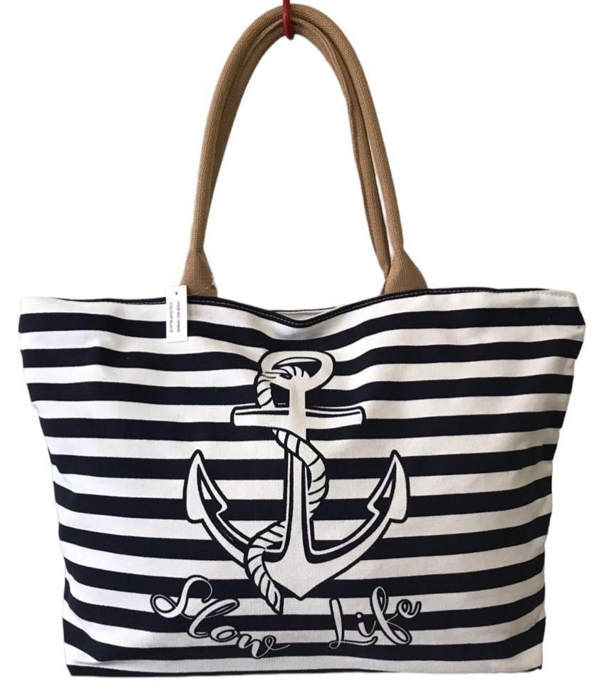 Сумка пляжная женская летняя из ткани на молнии в полоску Черно-белый (HN609)