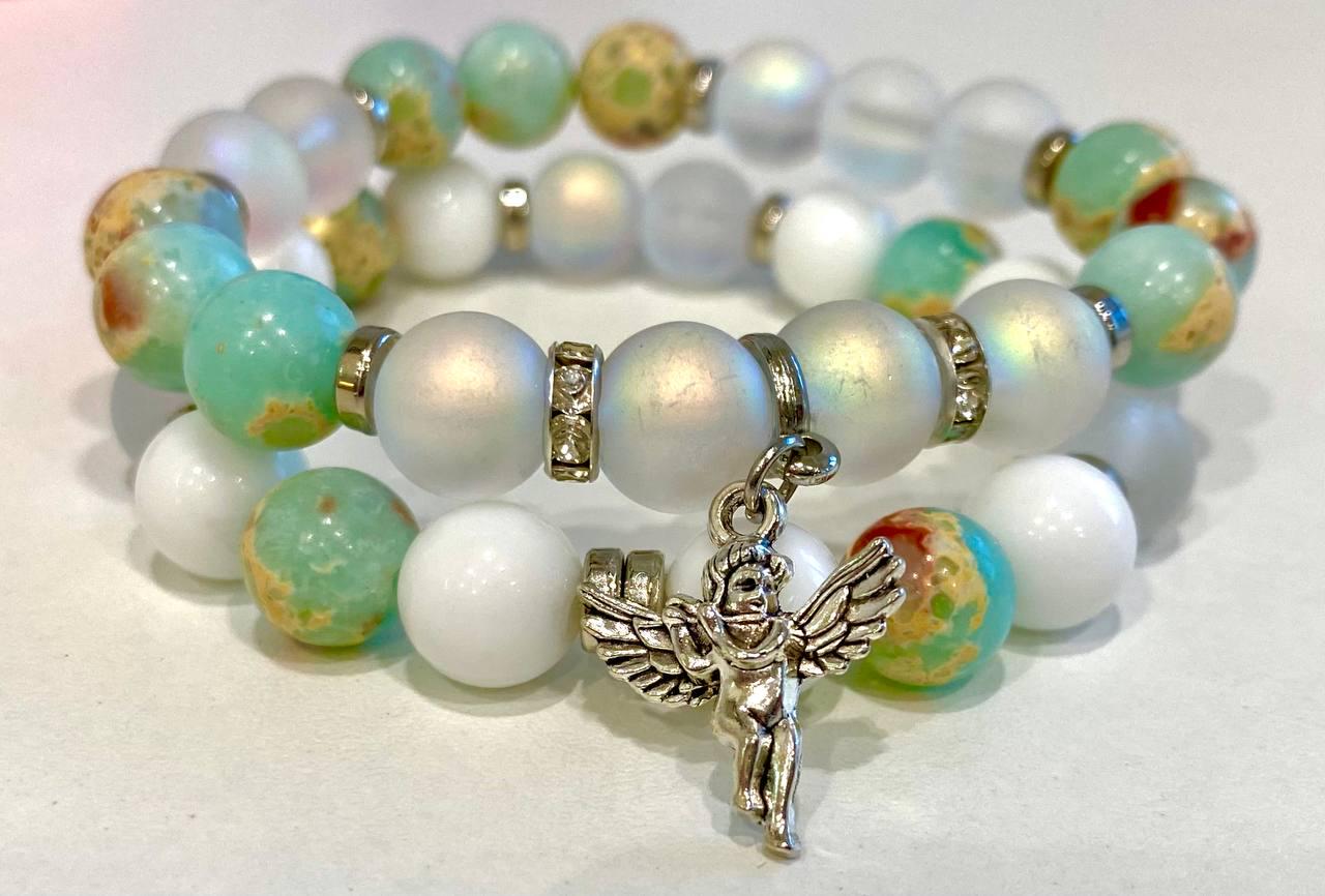 Браслет LITAURS из натурального камня варисцит/белый агат/австрийский хрусталь М 15-17 см 2 шт. (250703)