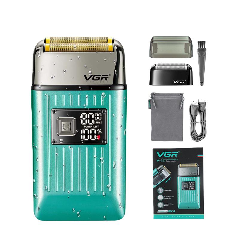 Електробритва VGR V-357 подвійне лезо 2 насадки висувний тример IPX6 LED display Green