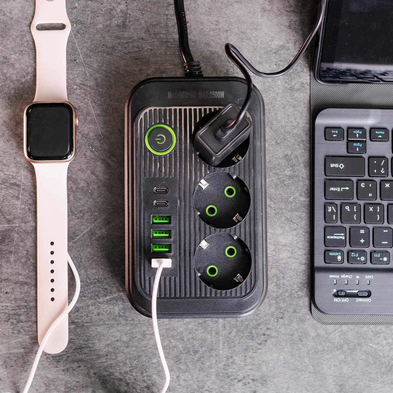 Подовжувач HP-5-20 F16 на 3 розетки з USB портами та кнопкою відключення 3,8 м Чорний (7438) - фото 2