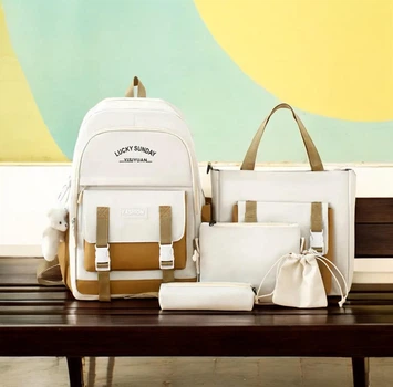 Рюкзак школьный для девочки Fashion Lucky Sunday 5в1 Бежевый/Белый