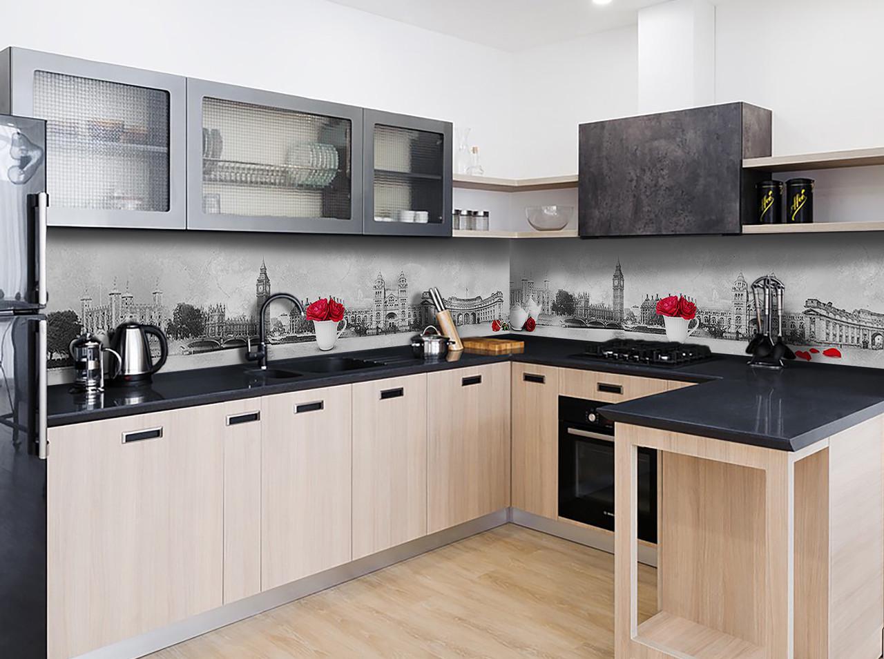 Кухонный фартук Лондон старый город из самоклеющейся виниловой пленки 60х250 см Серый