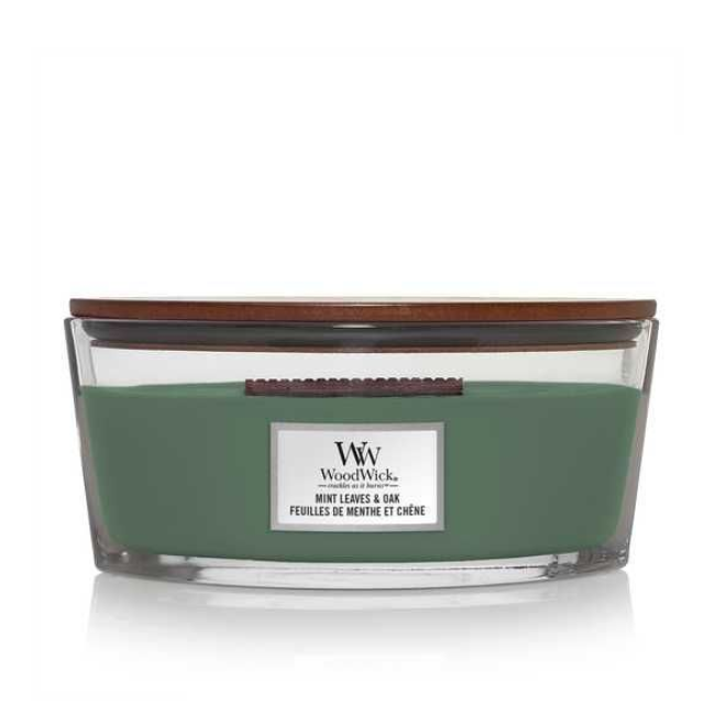Свеча ароматическая Woodwick Ellipse Mint leaves & Oak с нотами мяты и дуба 453 г (5038581142074)