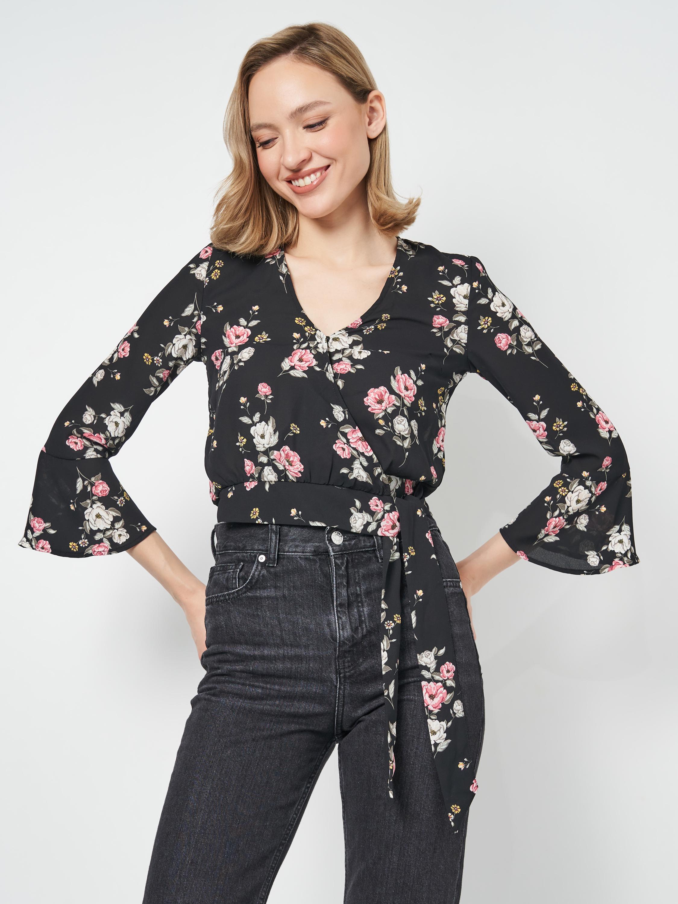 Блуза H&M Цветы р. 34 Черный (1111746196)