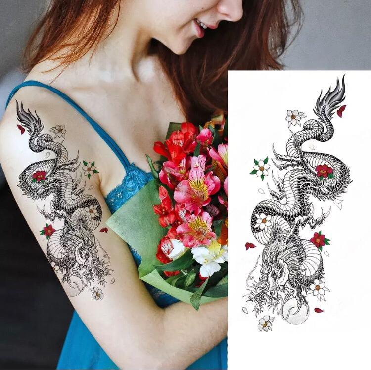 Тату тимчасове водостійке 3D велике Дракон з квітами XQB-327 20х8 см (4506387) - фото 3 Тату тимчасове водостійке 3D велике Дракон з квітами XQB-327 20х8 см (4506387) - фото 3