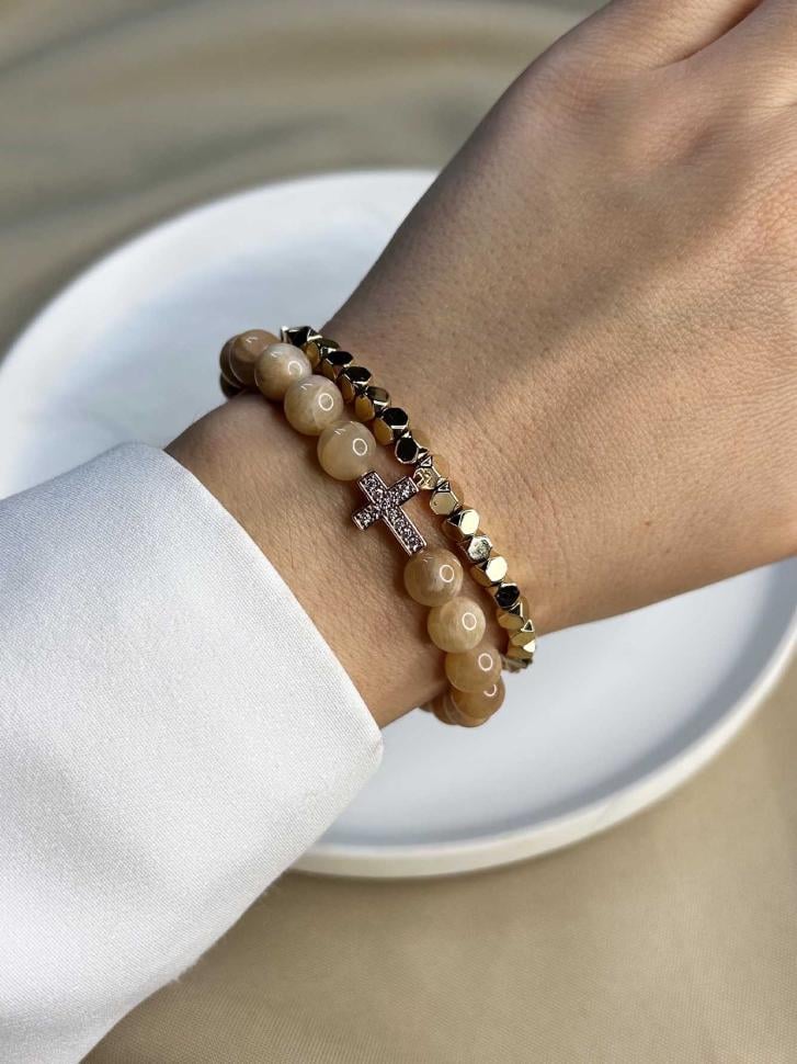 Набор браслетов из солнечного камня и гематита (4632)