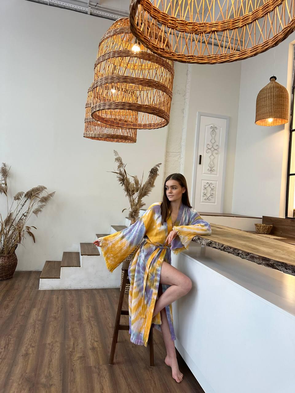 Халат-кимоно женский one size Желтый/Фиолетовый - фото 3