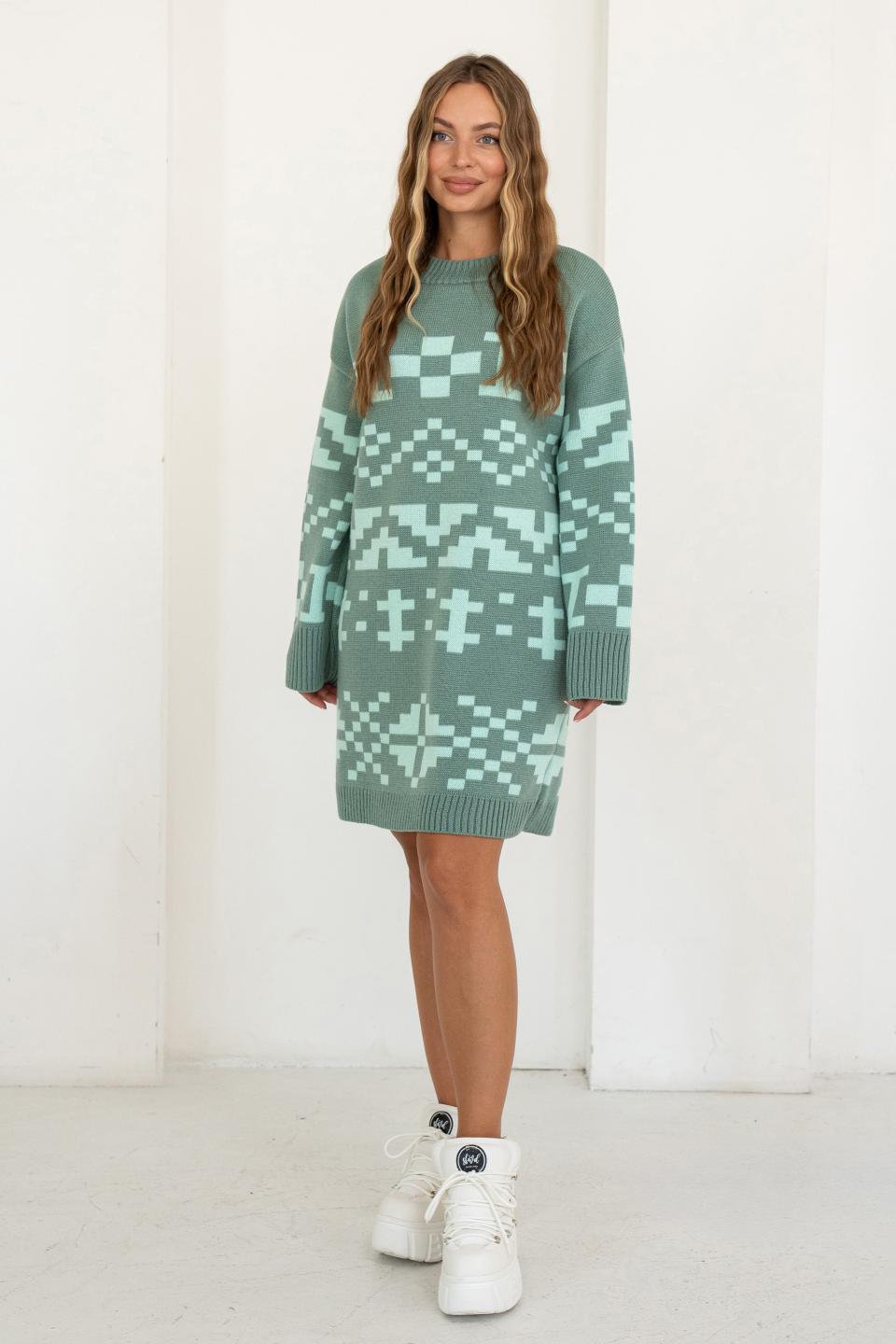 Платье вязаное с орнаментом р. 48-54 Мятный (ОЛ03) - фото 1 Платье вязаное с орнаментом р. 48-54 Мятный (ОЛ03) - фото 1