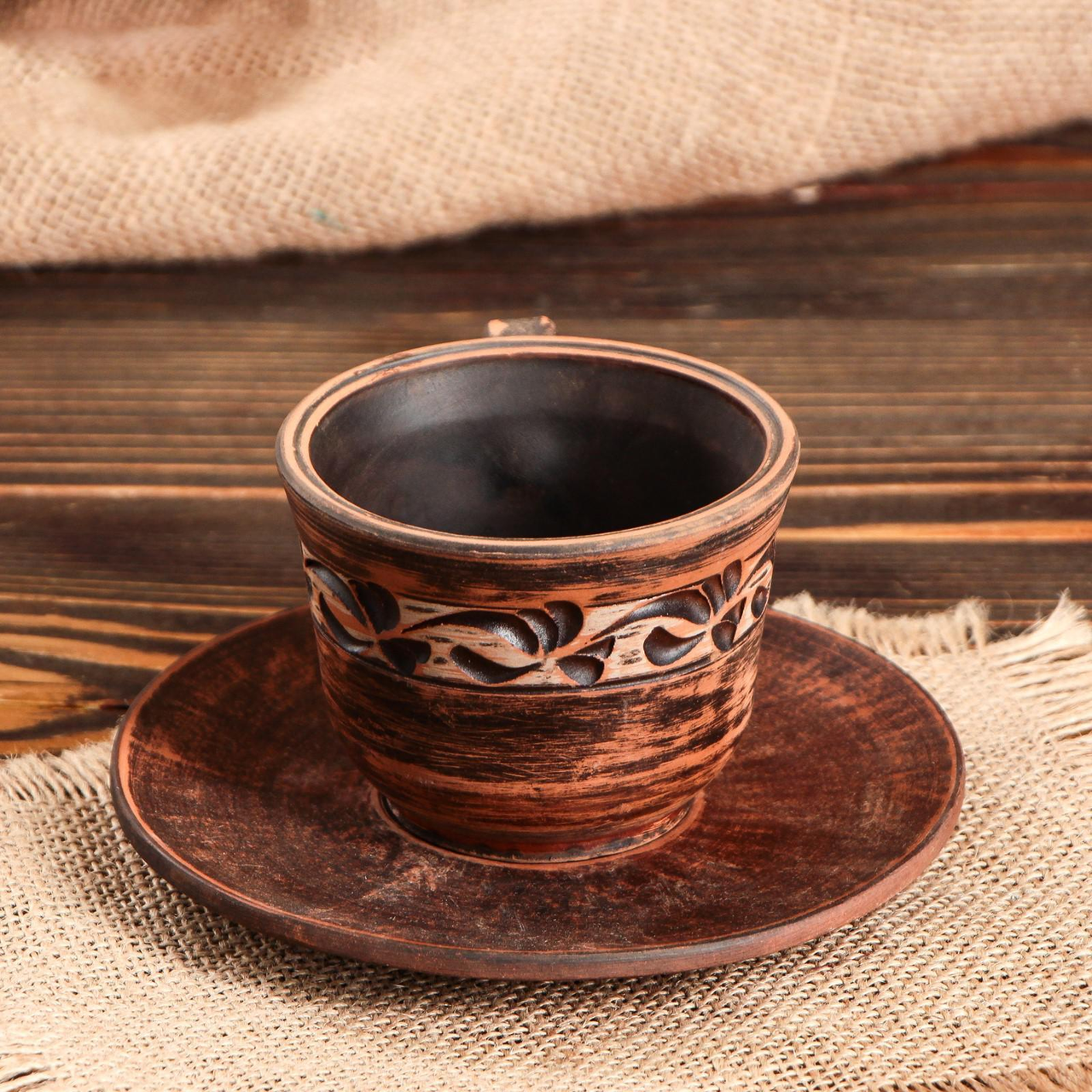 Чашка для кофе ангобная с блюдцем из красной глины ручная работа 150 мл (1386-1372) - фото 2