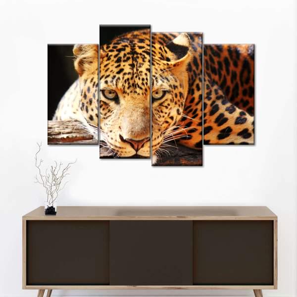 Модульная картина KIL Art Хищный взгляд леопарда из четырех частей 129x90 см (M4_L_117)