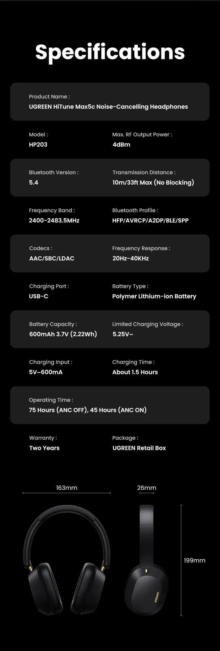 Навушники бездротові UGREEN HiTune Max5C Bluetooth 5.4 ANC 43 дБ Hi-Res Audio LDAC 75 год Чорний (35757) - фото 10 Навушники бездротові UGREEN HiTune Max5C Bluetooth 5.4 ANC 43 дБ Hi-Res Audio LDAC 75 год Чорний (35757) - фото 10