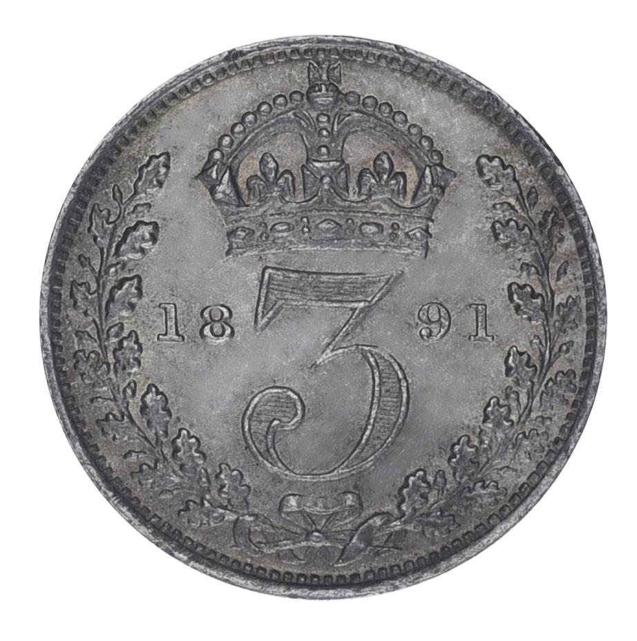 Коллекционная монета Великобритания 3 пенса 1891 серебро F-VF (М21448)