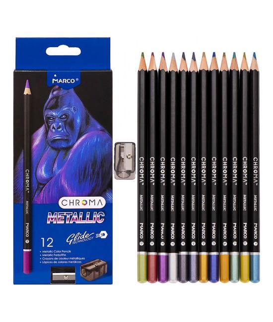 Набір шестигранних олівців Metallic. Chroma 12 кольорів з металевим блиском і точилкою