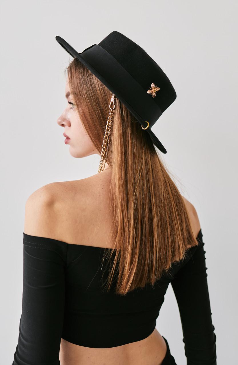 Капелюх канотьє фетровий Rebel Chic Hat з пірсингом/шпилькою/ланцюжками з вовни Чорний - фото 3