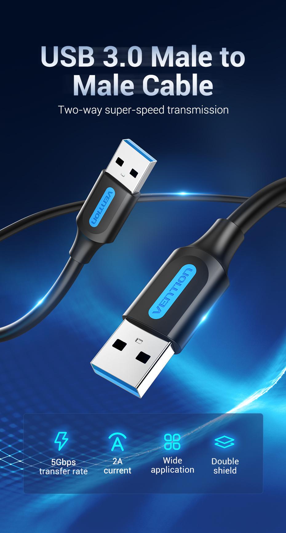 Кабель Vention USB 3.0-USB 3.0 5 Гбит/с 2A/5V USB-A папа на USB-A папа 0,5 м Черный (CONBD) - фото 2
