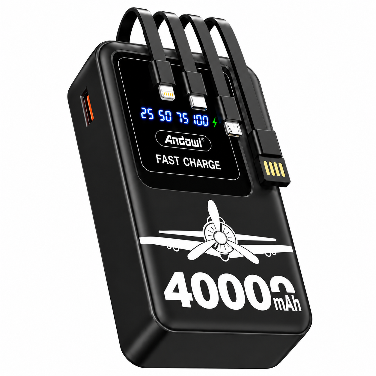 Повербанк Andowl Q-CD154 со встроенными 4 кабелями/фонарик/дисплей 40000 mAh Черный (d297de80)