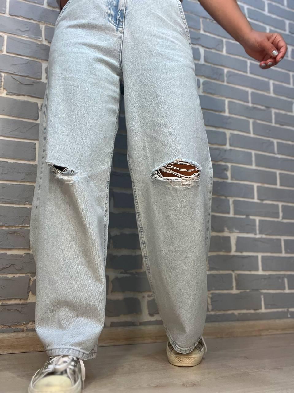 Джинсы женские ITS Basic 3050 Wide Leg косые карманы швы сзади широкие порезы на коленях р. 36 Голубой (2227) - фото 3